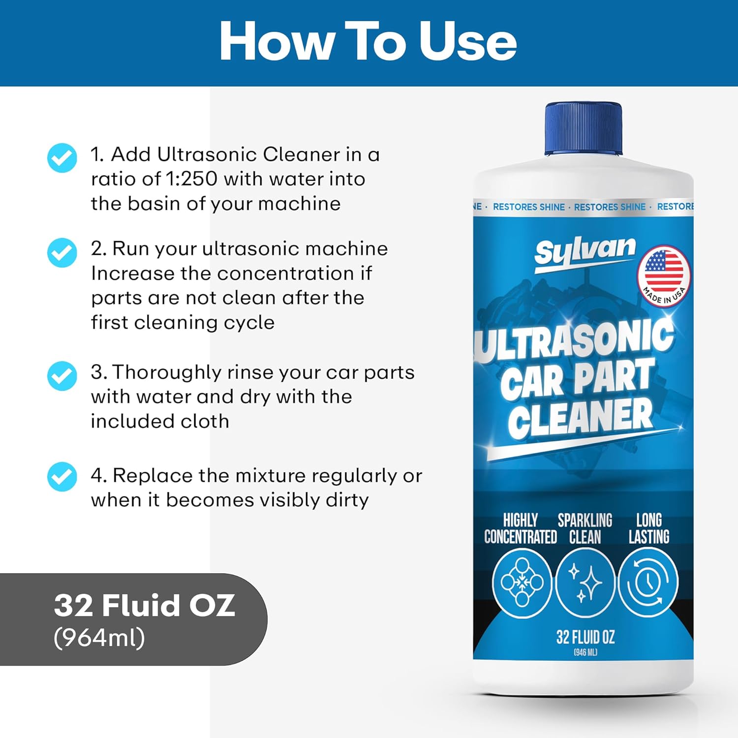 Ultrasonic Carburetor & Parts Cleaner Solution Concentrate + Free Cleaning Cloth | Makes 50 Gal. | Made in The USA | for All Ultrasonic and Immersion Machines | Cleaning Liquid | Engine Parts, Carbs