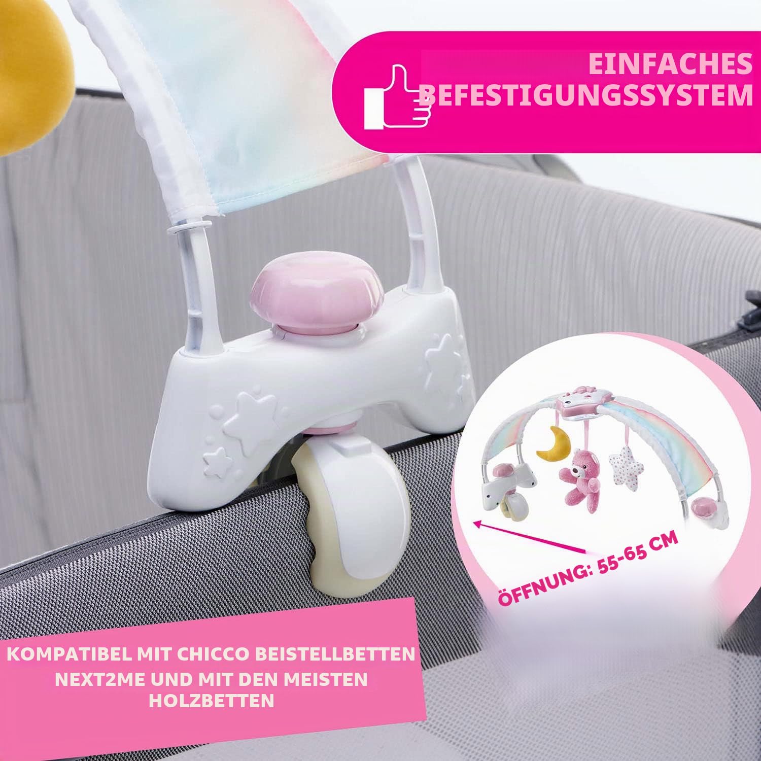 Chicco Regenbogen-Spielbogen für Kinderbett, 2in1 Evolutionskompatibel Next2Me, Babywanne mit Regenbogen und Nachtlicht Kinder mit entspannender Musik und weichen Anhängern - Baby Spiele, ab 0 Monate