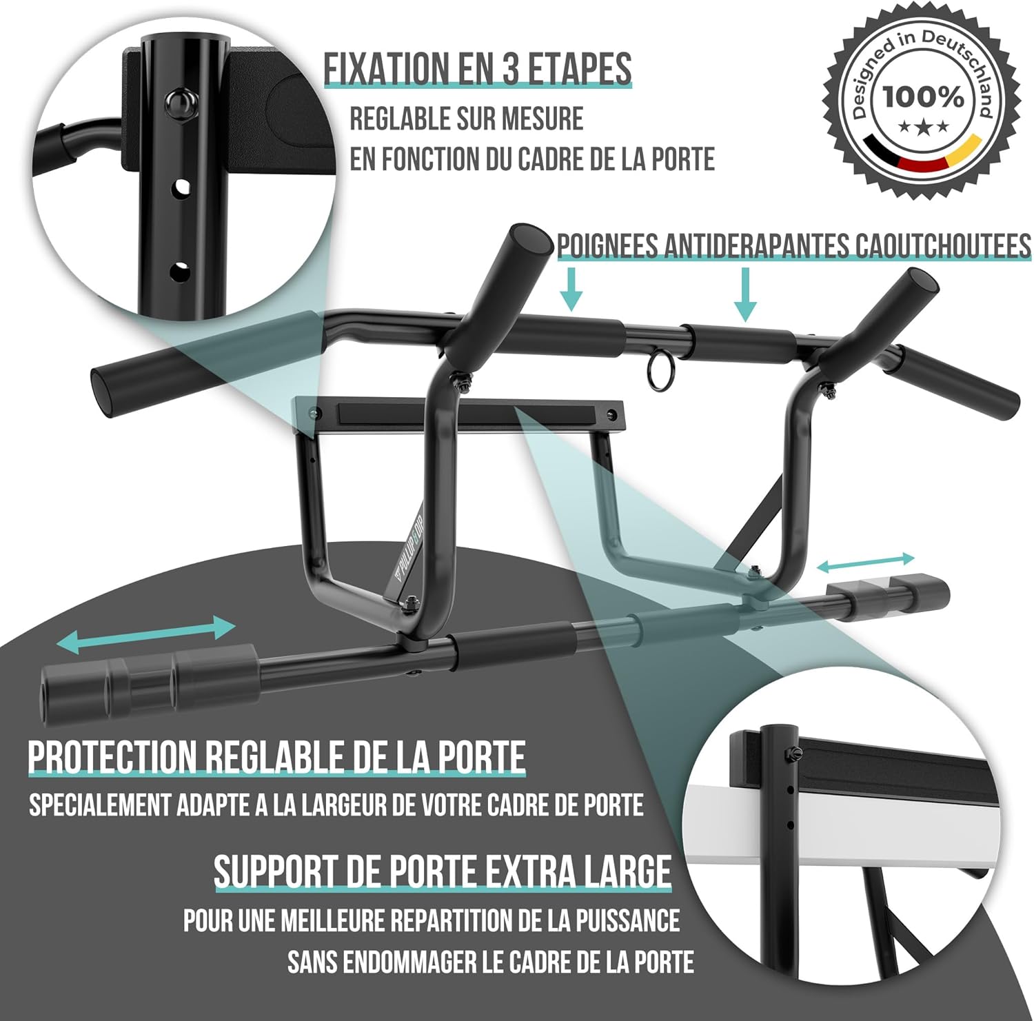 PULLUP & DIP Pull-up bar for door frames for hanging without screws and no slipping, professional door bar, pull-up bar with padded handles