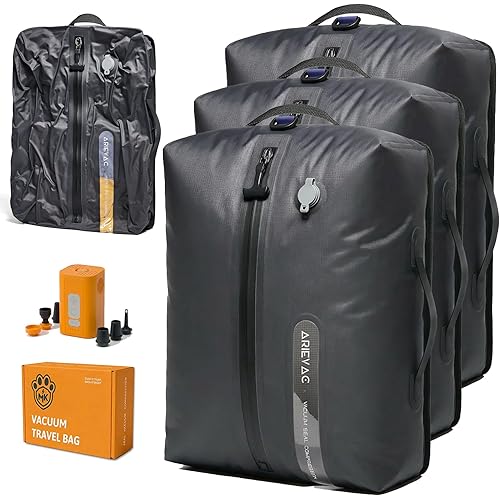 IKYWT Vacuum Seal Bags for Travel w/Rechargeable Pump, 18L Compression Packing Cubes for Carry-On Suitcase & Travel Backpack, Reusable IP67 Waterproof Vacuum Storage Kit, Gift Set (3-Pack)