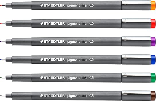 STAEDTLER Pigment Liner 6 Assorted Colors, 0.5 mm Fineliner Pens for Writing, Drawing, and Sketching