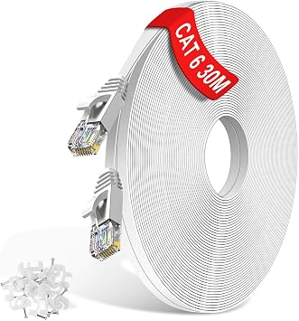 Cat6 Ethernet Cable 30m/20m/15m/10m/5m/3m/2m/1m Flat Lan Cable RJ45 High Speed 1000 Mbit/s Network Cable, UTP Internet Patch Cable Compatible with Cat5/Cat7 - for Switch/Router/Modem, White30Meter