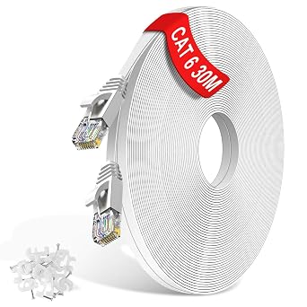 Cat6 Ethernet Cable 30m/20m/15m/10m/5m/3m/2m/1m Flat Lan Cable RJ45 High Speed 1000 Mbit/s Network Cable, UTP Internet Patch Cable Compatible with Cat5/Cat7 - for Switch/Router/Modem, White30Meter