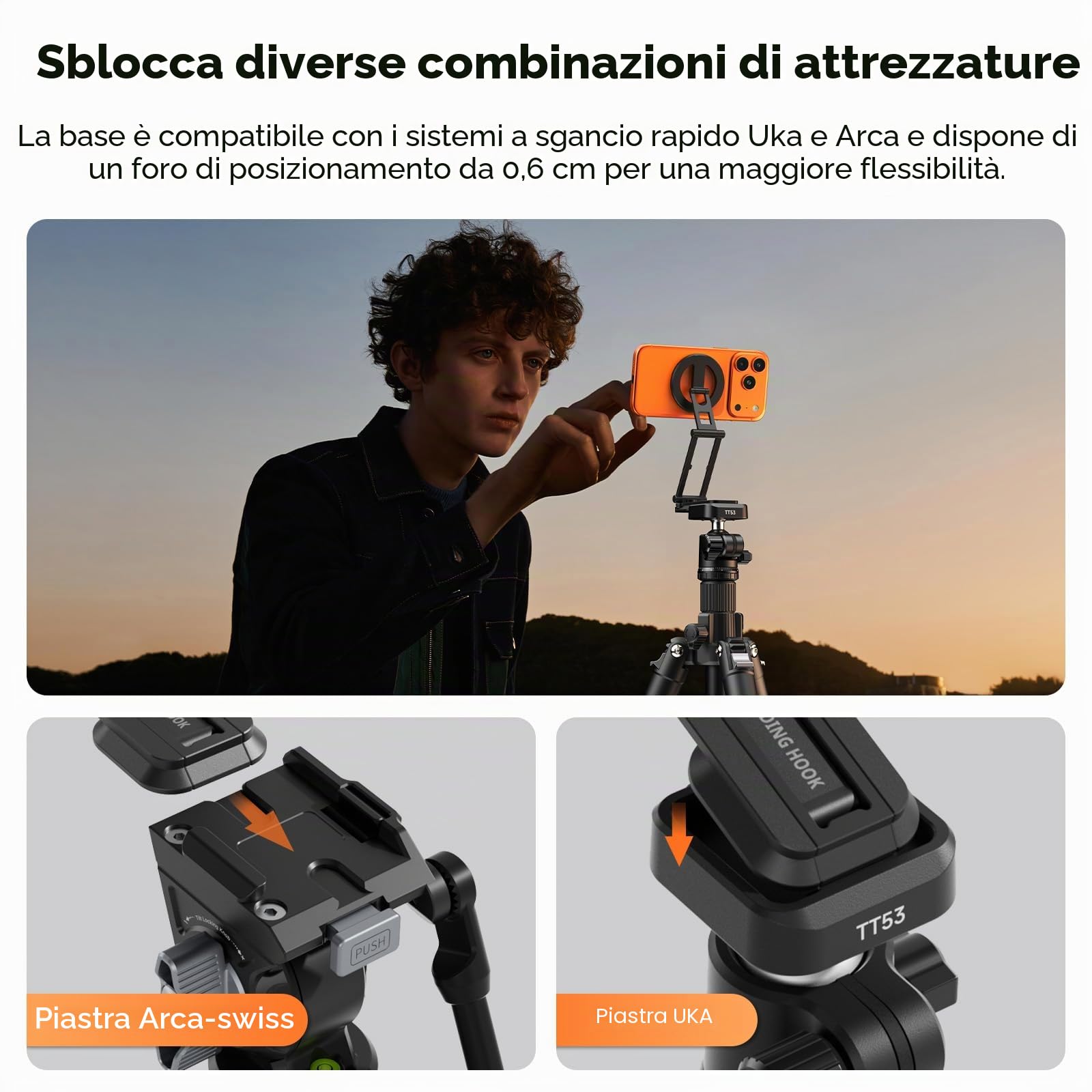 ULANZI Treppiede magnetico per cellulare, in alluminio, reversibile, pieghevole, compatibile con Uka e Arca, treppiede con 2 scarpe fredde, bastone per selfie per iPhone