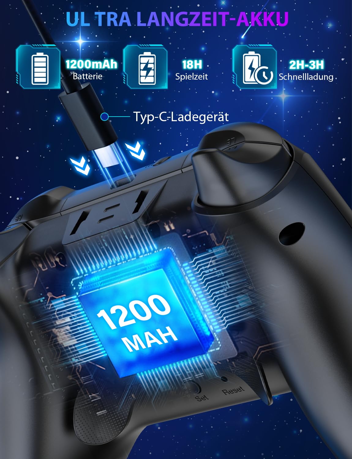 Switch Pro Controller für Nitendo Switch/Oled/Lite/Switch 2 - 1200 mAh Wiederaufladbar Wireless Switch Controllers mit 9 RGB Licht, Programmierbar, Wake Up Funktion, Turbo, Vibration - Sternenhimmel