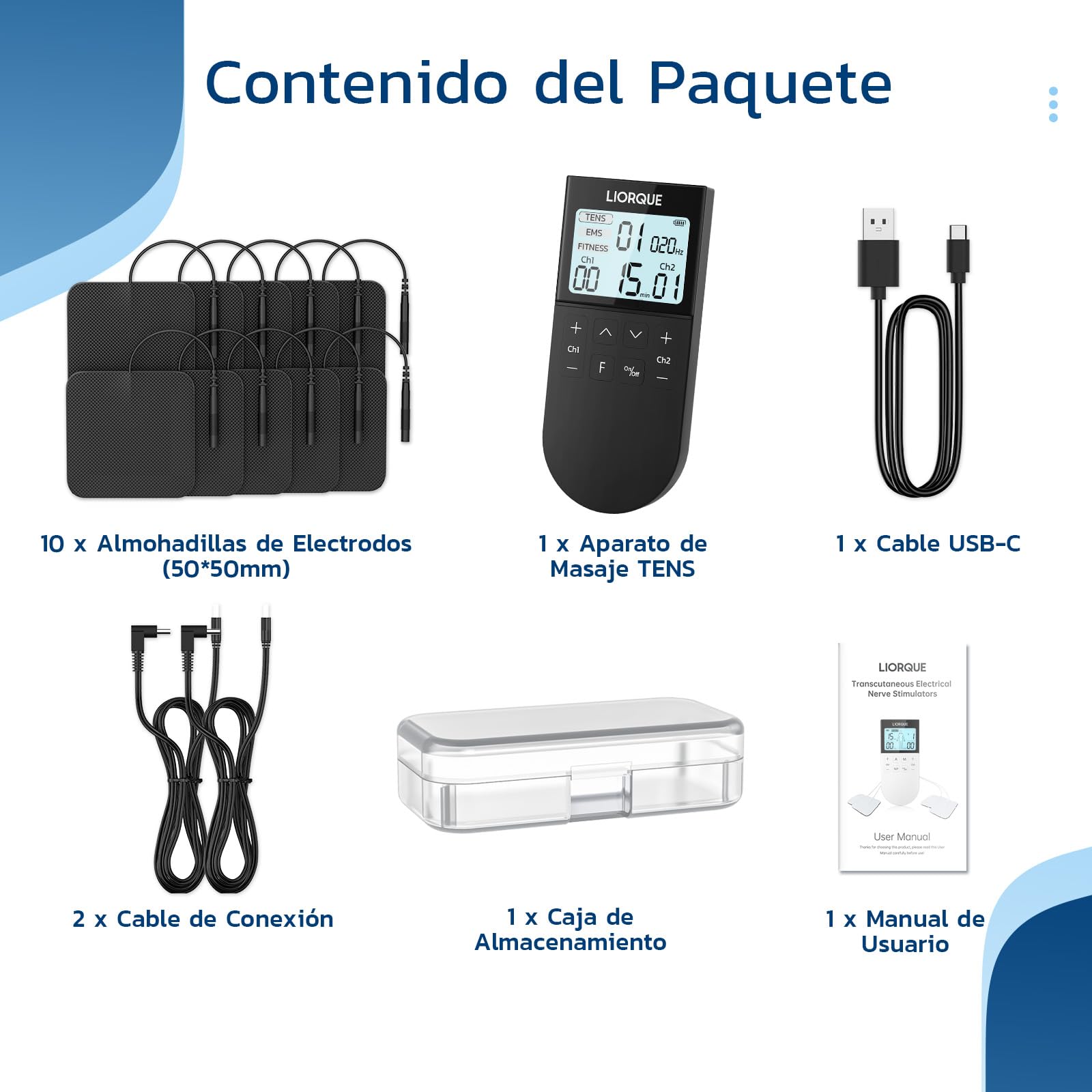 LIORQUE Electroestimulador Muscular, Electroestimulador TENS/EMS/FITNESS 3 en 1, 50 Modos, 10 Piezas de Electrodos TENS, 16 Niveles de Intensidad Para el Alivio del Dolor (Negro)
