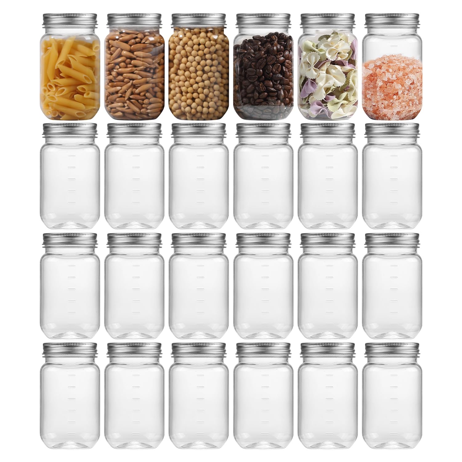 novelinks 16 oz Plastic Mason Jars with Lids, Refillable Clear Plastic Jars with Lids 16oz & Reusable Empty Storage Containers with Lids (Sliver,24