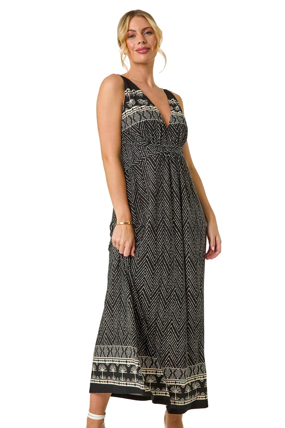 Roman Originals Women's Petite Noir Palm Maxi Dress For Uk Twist Knot Front Empire Waist Summer Party Casual Holiday Bohemian Beach Cruise Evening Long Sleeveless V Neck Jersey