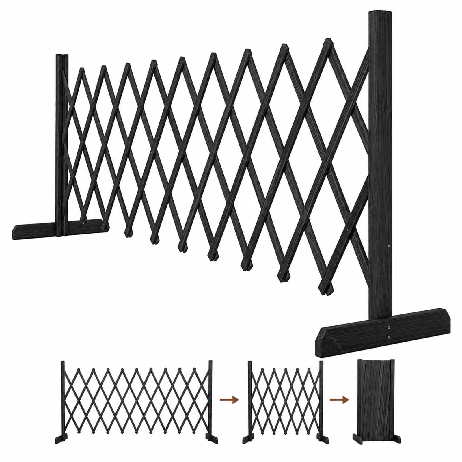 FERNVALE 200cm Expandable Wooden Garden Fence, Freestanding Trellis Screen Divider(Black)