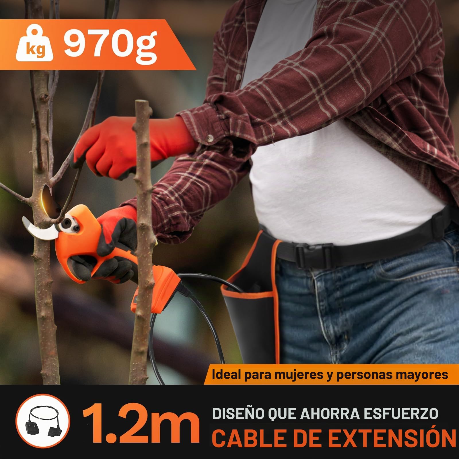 8605 Tijeras de Podar Electricas, 40mm Tijeras de Podar Profesional, 1050W 2x21V 2A Progresivo Tijeras de Podar Bateria, Con Cable de Extensión de 1.2M
