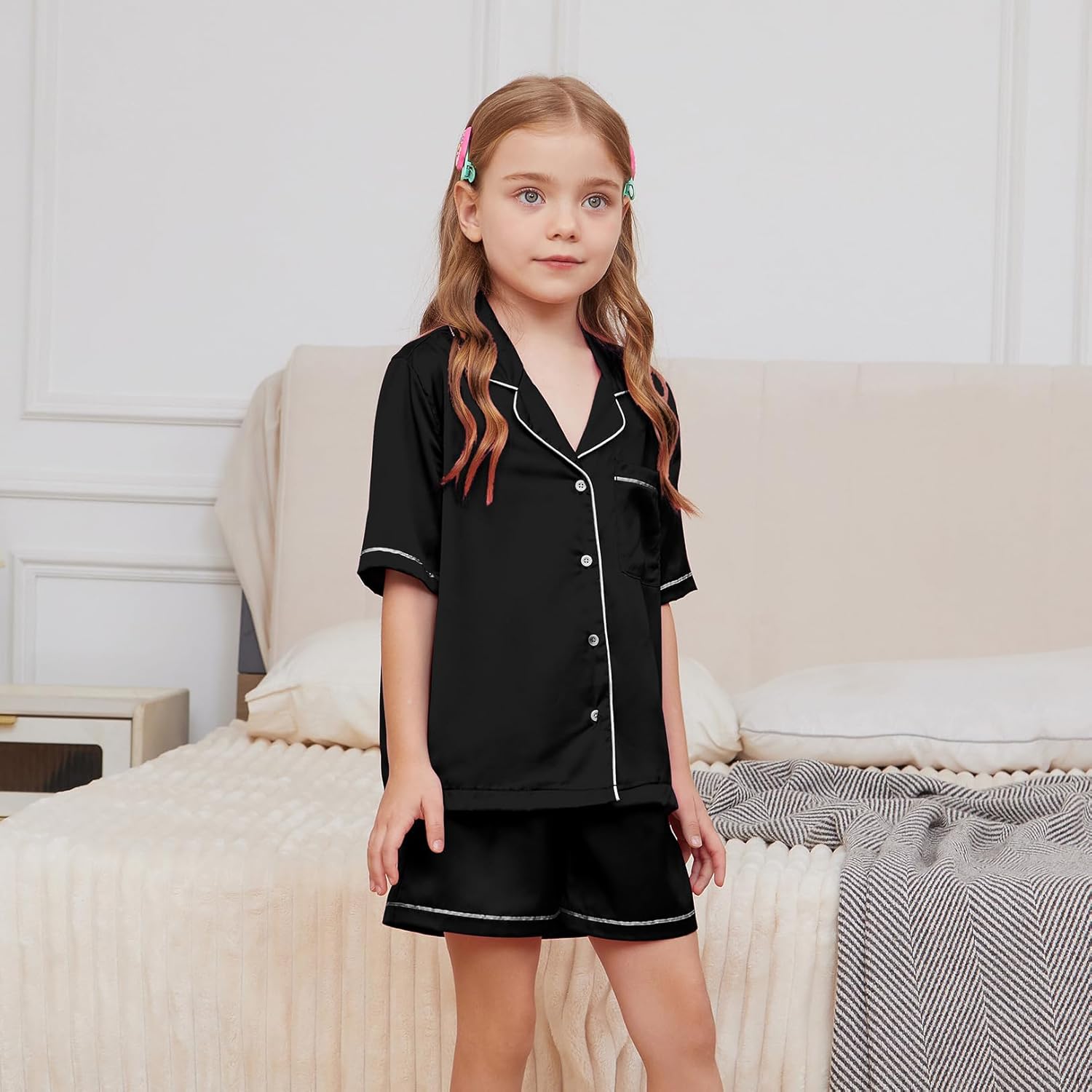 QPANCY Kids Satin Pajamas Sets Baby Boy Girl Button-Down Silk Sleepwear 2 Piece Short Sleeve Loungewear Clothes Set - Image 2