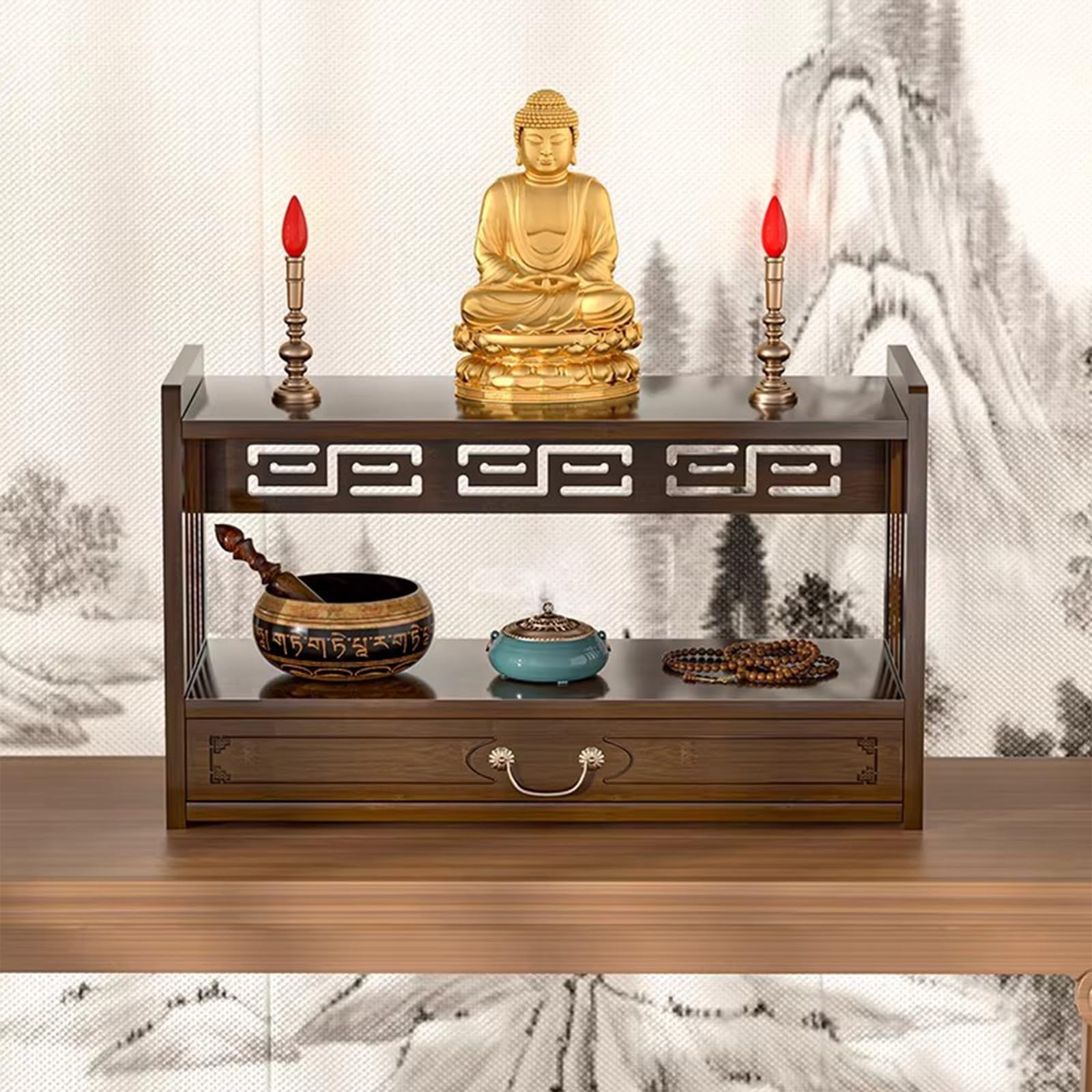 LSOPCYE Altar Table With Drawer, Bamboo Meditation Shrine Table