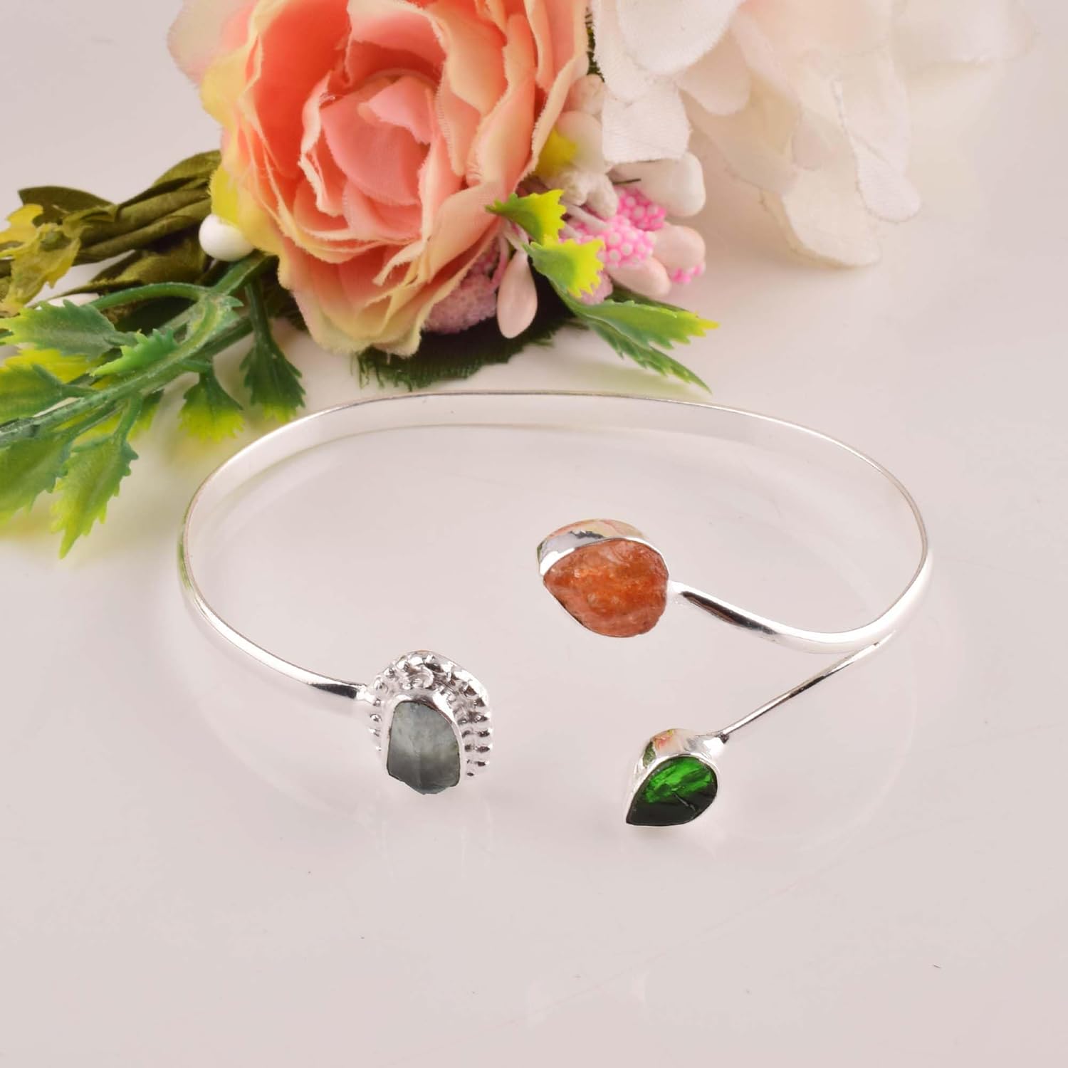 Natural Raw Sunstone, Chrome Diopside and Aquamarine Cuff Bracelet, Healing Crystal Cuff Bracelet, Bangle Bracelet, Rough Gemstone Bracelet, Birthstone Jewelry, Jewelry For Woman - Image 3