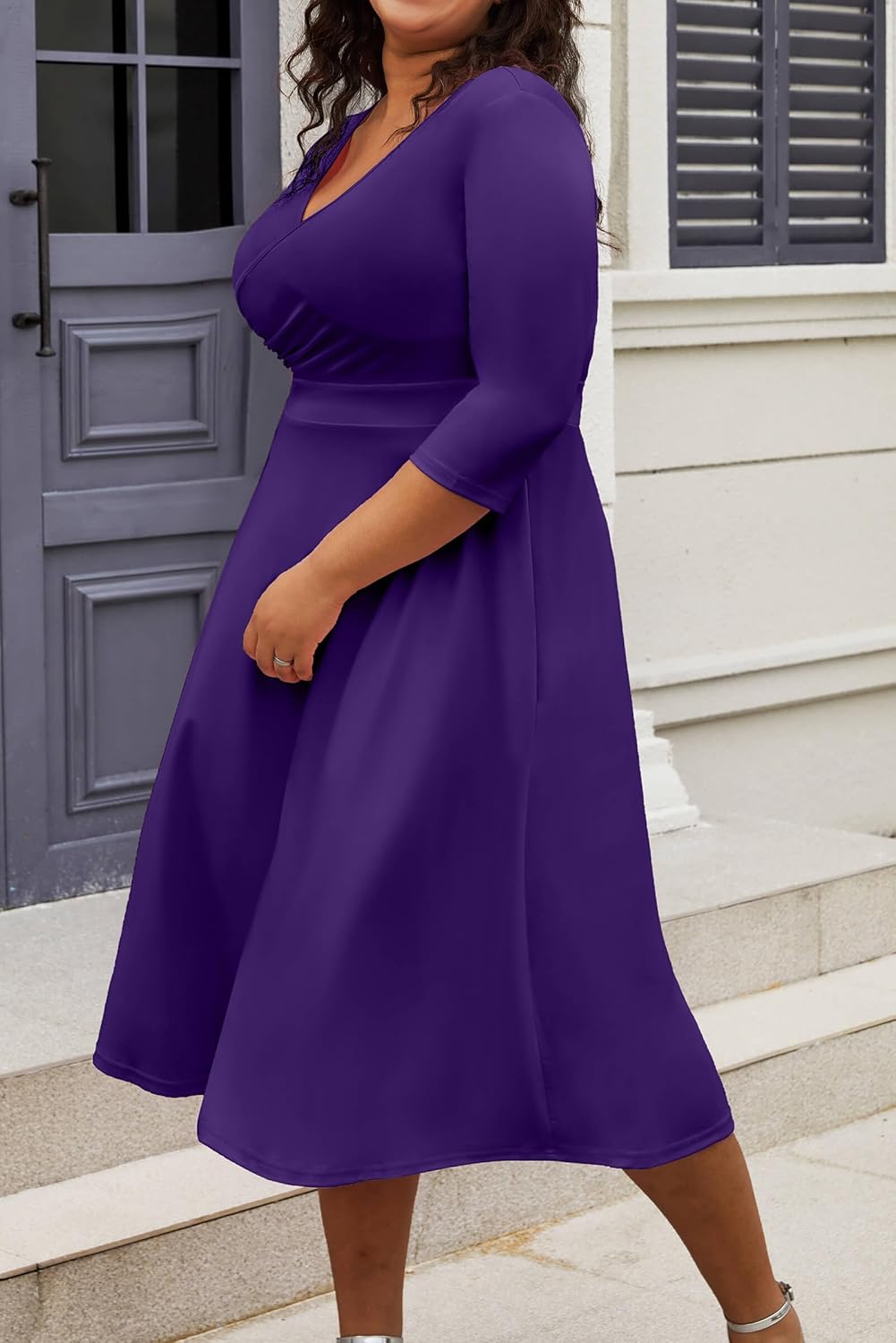 CLOCOR Women's Plus Size Midi Dress 3/4 Sleeve A-Line Swing Dress V Neck Flowy Casual Dresses - Image 3