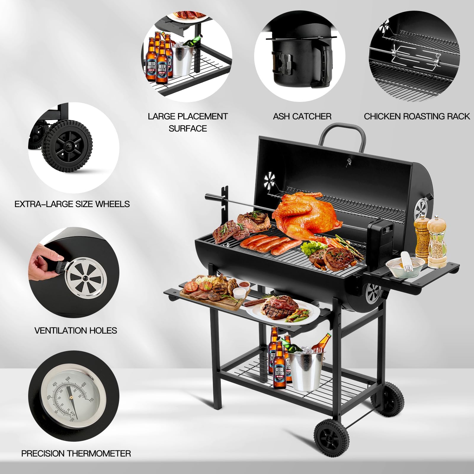 TEENO Chariot à Barbecue XXL,Barbecue Charbon de Bois，Grill à Charbon avec Couvercle, Thermomètre,Tiroir à Cendres,Gants anti-brûlures, Évent Réglable.
