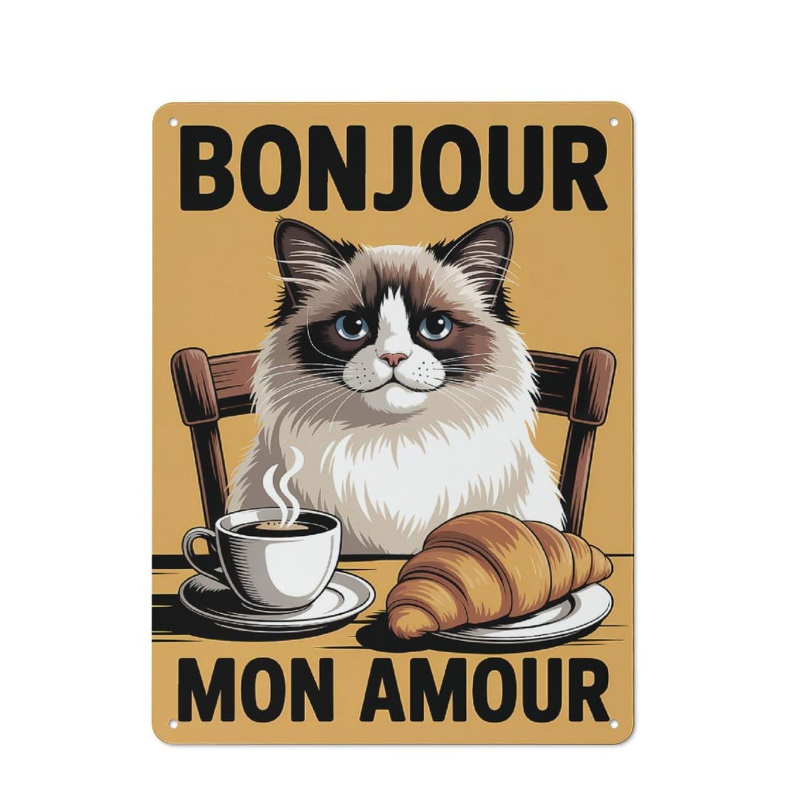Junmoney Style-22 Tin Wall Plaque 40X30cm With Bonjour Mon Amour Cat With Coffee And Croissant For Home Office Or Studio, New Home Wall Decor For Home Office Decor Fans