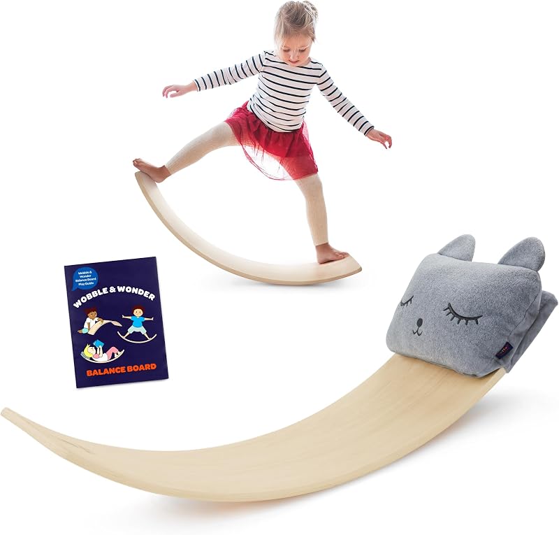– Wooden Balance Board for Toddlers – Montessori Wobble Toy for Core Strength & Coordination – Durable Wood Construction – Active Play for 3+ Years | 2-piece wooden wobble board with detachable pillow, reversible cityscape, and play guide for active and quiet play, 3+ Years