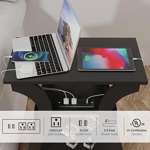 Miniatura 4 de Mesa auxiliar con estación de carga, mesa auxiliar con puertos USB y tomas, mesa de sofá de 3 niveles para espacios pequeños, mesa auxiliar con