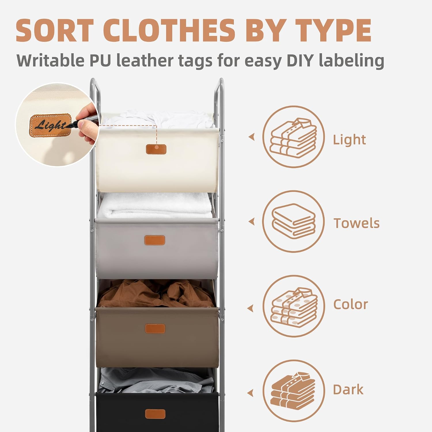 STORAGE MANIAC Vertical Rolling Laundry Hamper, 4 Section Laundry Sorter with Wheels and 2 Breaks, 4-tier Laundry Baskets for Small Space, Dorm, Laundry Room, Closet, Multicolored 4-tier image 5