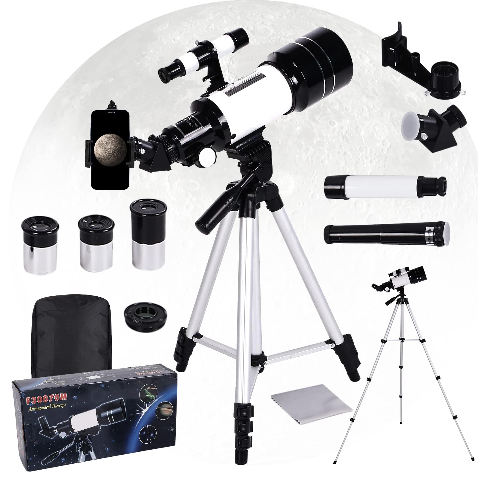 Telescopio astronómico para adultos/adolescentes/niños, 300/70 mm, refractor telescopio, telescopio para principiantes, astrónomos aficionados, con trípode, 3 oculares y adaptador de teléfono