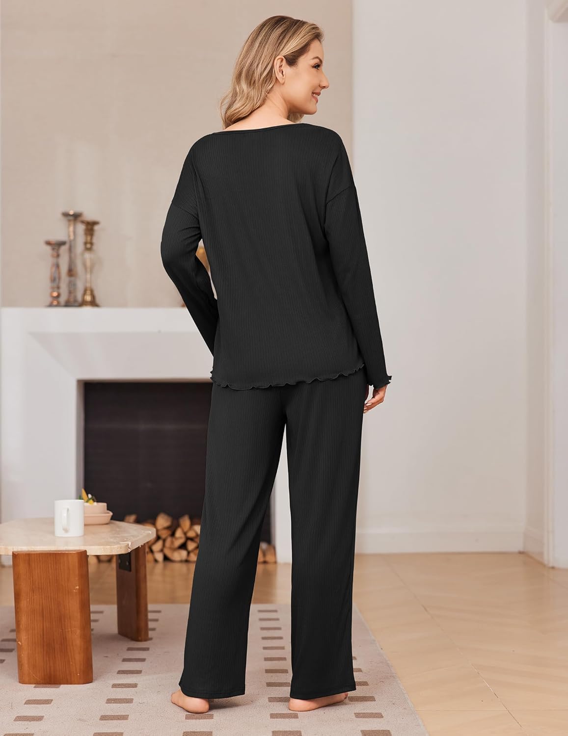 Ekouaer 2 Pack Womens Ribbed Knit Pajama Sets V Neck Soft Lounge Sets Long Sleeve PJs Loose Matching Outfits Set - Image 5