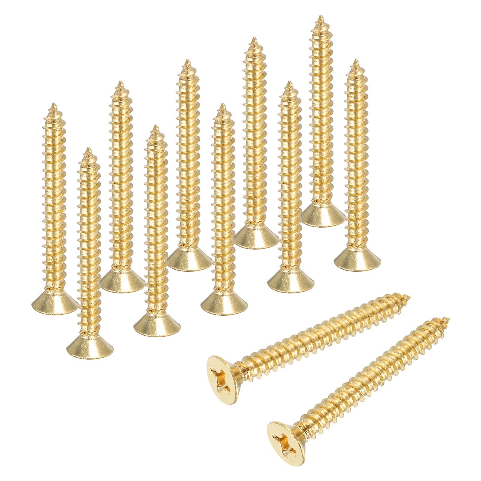 sourcing map Brass Phillips Wood Screws, M3.5 x 30mm Brass Phillips Flat Wood Screws Self-Tapping Furniture Connector for Door Hinges, Wood Crafts and DIY Projects,(Gold Tone, Pack of 12)