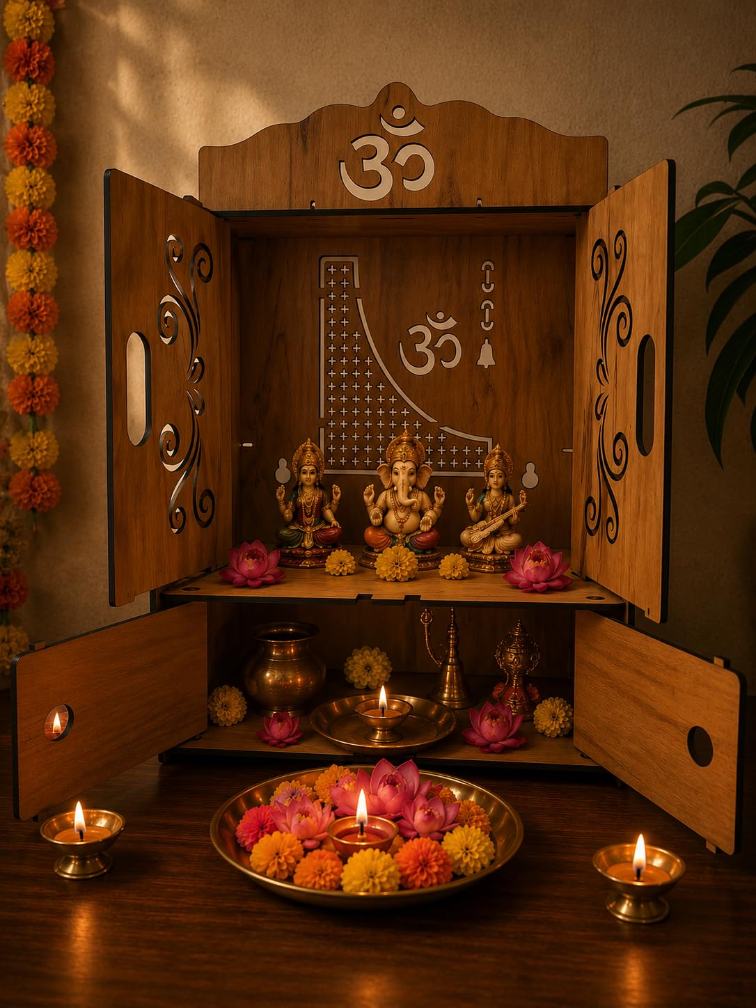 EXPRO Wooden Pooja Mandir with OMWITHPLUS Cut Decorative with Door Engineered Wood Home Temple-image-49
