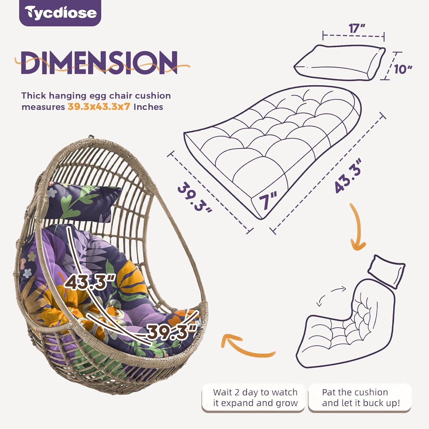 Outdoor Hanging Egg Chair Cushion Replacement, Extra Large Waterproof Egg Swing Cushions with Headrest Pillow and Ties, U-Shaped Thickened Cushion for Hanging Eggs Chair (Purple Floral Leaf)