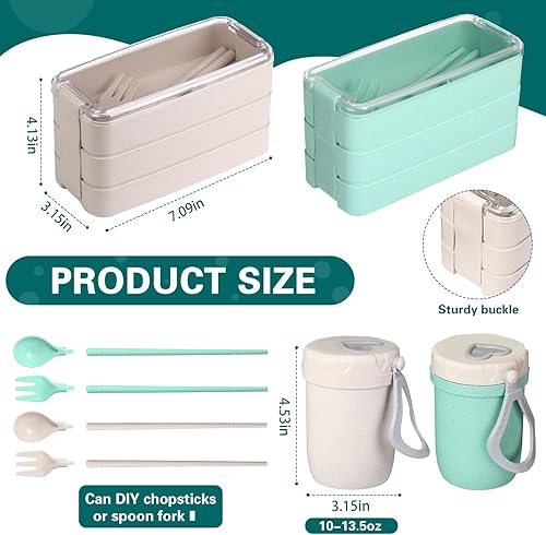 Miniatura 2 de Rtteri 2 juegos de contenedores Bento para adultos, 2 unidades, 3 cajas Bento apilables para adultos con 2 bolsas de almuerzo, tazas de sopa y