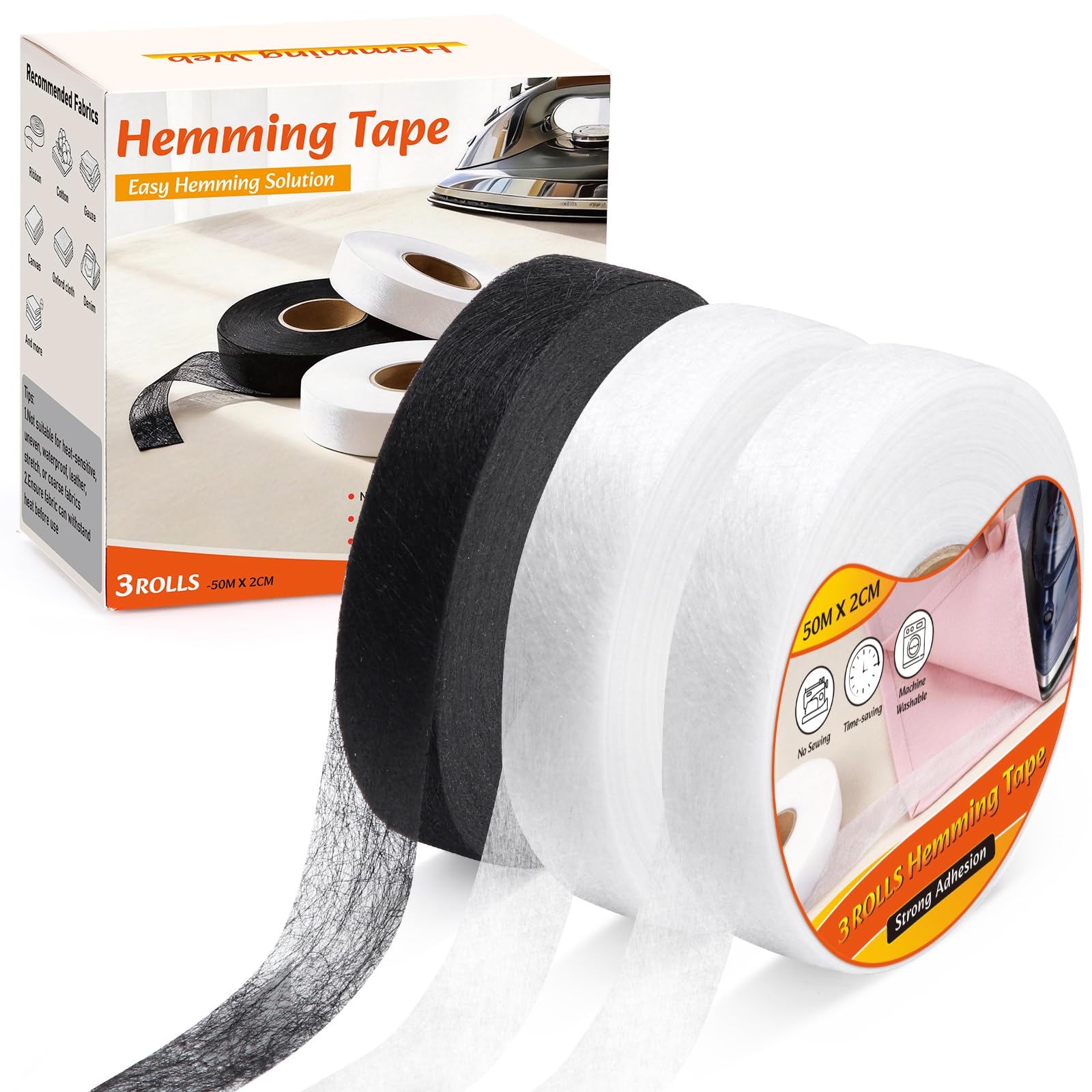 VynyQoo 3PCS Hemming Tape with 50 Metres, 2CM Wide Hemming Web No Sewing, Iron on Hem Tape， Strong Adhesion Fabric Tape for Trousers Curtains Clothes Ironing and Bonding, DIY Crafts