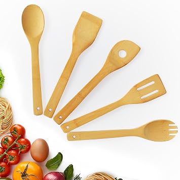 Kitchen Utensils Set, Bamboo Wooden Cooking Utensils Set with Spoons and Spatula for Nonstick Cookware, Simple Modern Kitchen Gadgets for Apartment Essentials/Camping/Travel/RV 5-Piece
