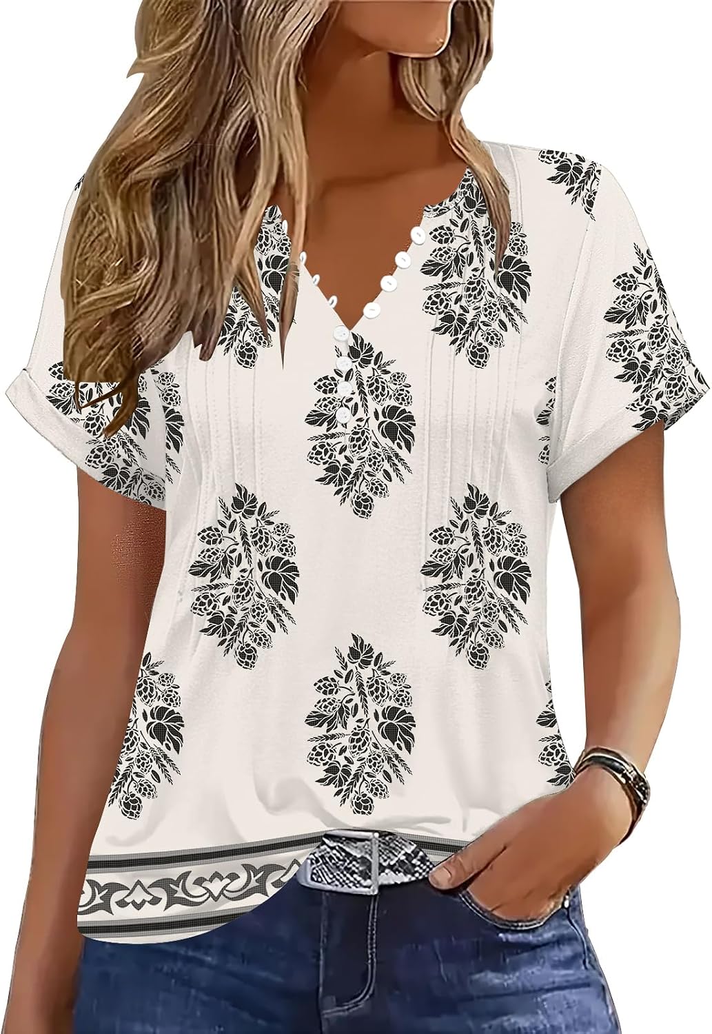 Soesdemo Short Sleeve Shirts for Women V Neck Button Down Floral Soft Boho Womens Blouses Casual Loose Fit Peasant Blouse