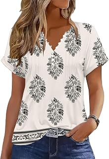 Soesdemo Short Sleeve Shirts for Women V Neck Button Down Floral Soft Boho Womens Blouses Casual Loose Fit Peasant Blouse