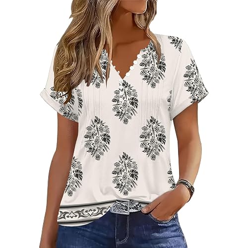 Soesdemo Short Sleeve Shirts for Women V Neck Button Down Floral Soft Boho Womens Blouses Casual Loose Fit Peasant Blouse