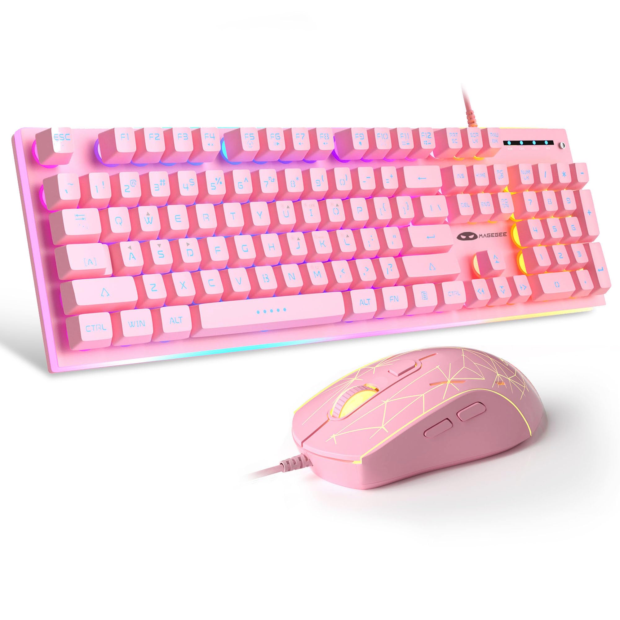 MageGee GT838 Gaming Keyboard and Mouse Combo, 104 Keys RGB Backlit Quiet Wired Keyboards for Laptop PC MAC, with Number Pad, Metal Panel, Anti-Ghosting, Pink