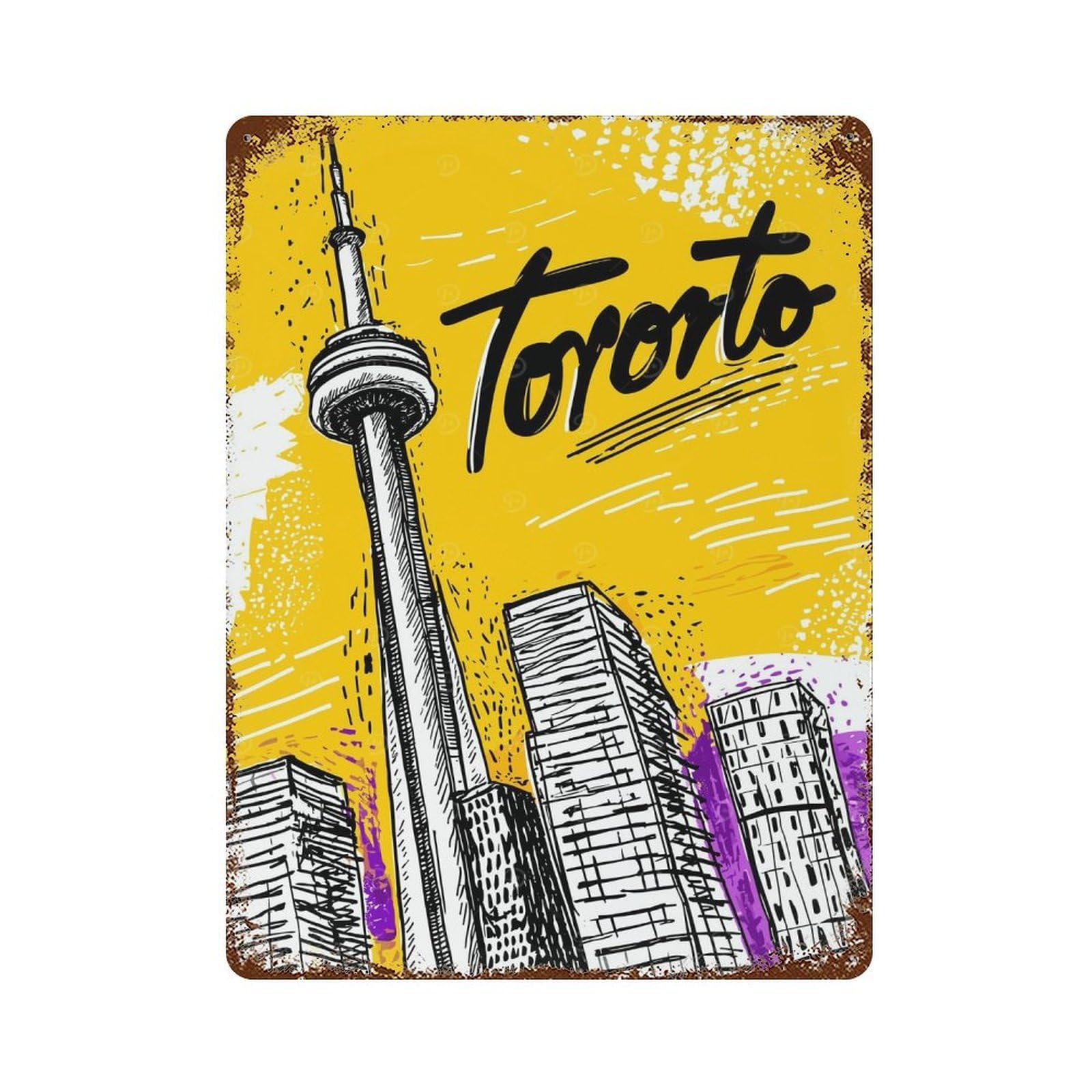 Aged Metal Wall Plaque with Toronto Cityscape Illustration Design 15.7"x11.8", for Cafe, Home Bar And Lounge Decor, Novelty Wall Decor