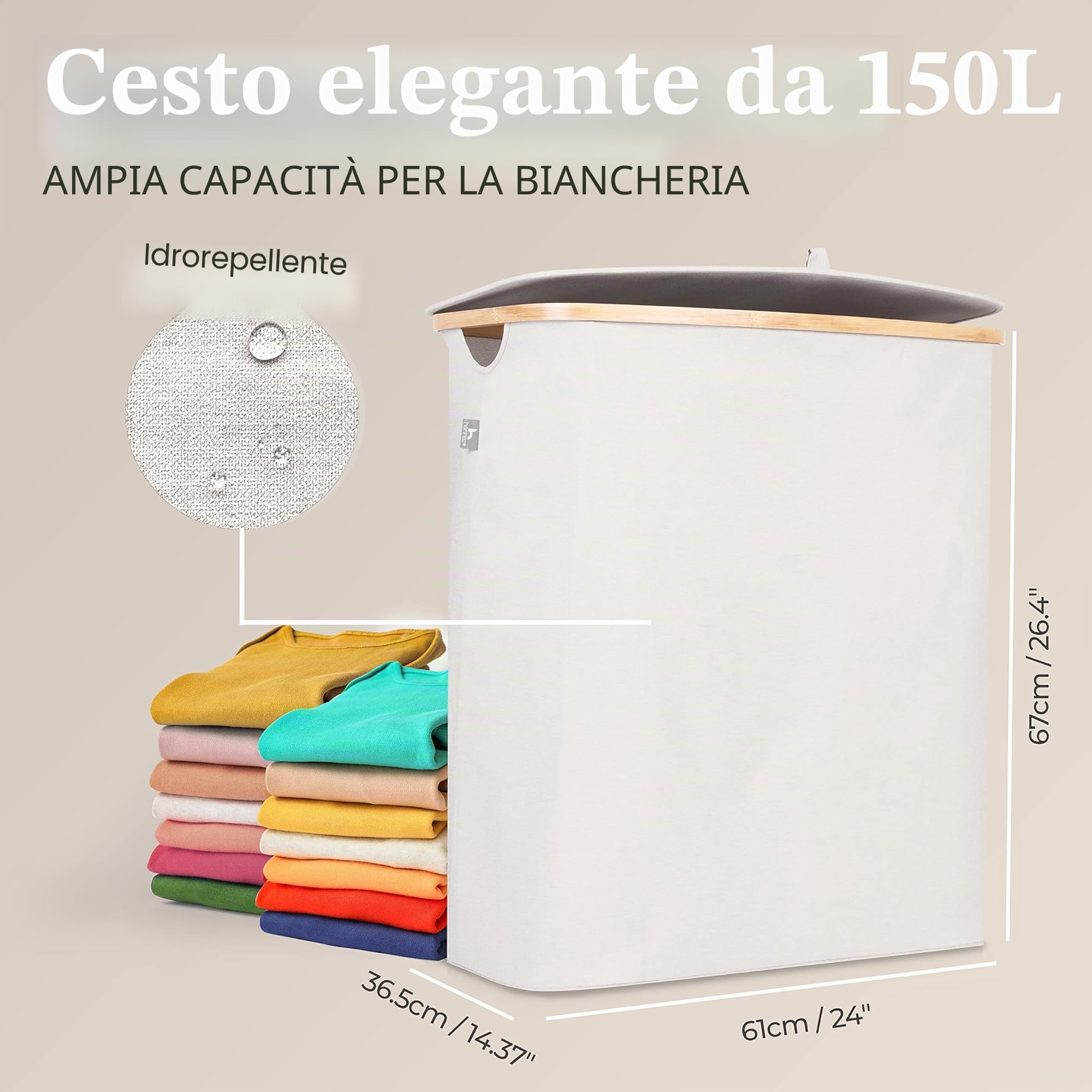 HENNEZ - Cesto Portabiancheria con Coperchio Grigio Chiaro/Beige 150L - 3 Scomparti - Cesta per Panni Sporchi in vimini - Cesta Porta Biancheria Sporca per Bagno - Cesto Portabiancheria Salvaspazi