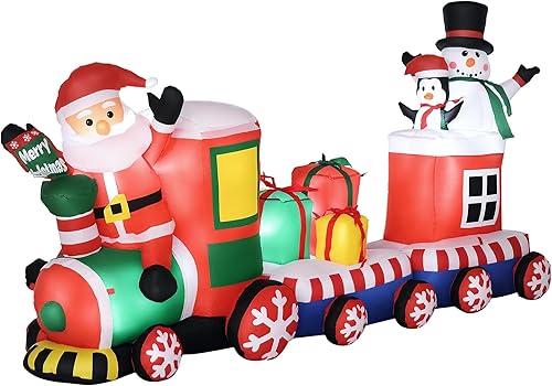 Miniatura 9 de Outsunny Tren inflable de Navidad de 8 pies para decoración al aire libre con Papá Noel, muñeco de nieve, pingüino y cajas de regalo, decoración de