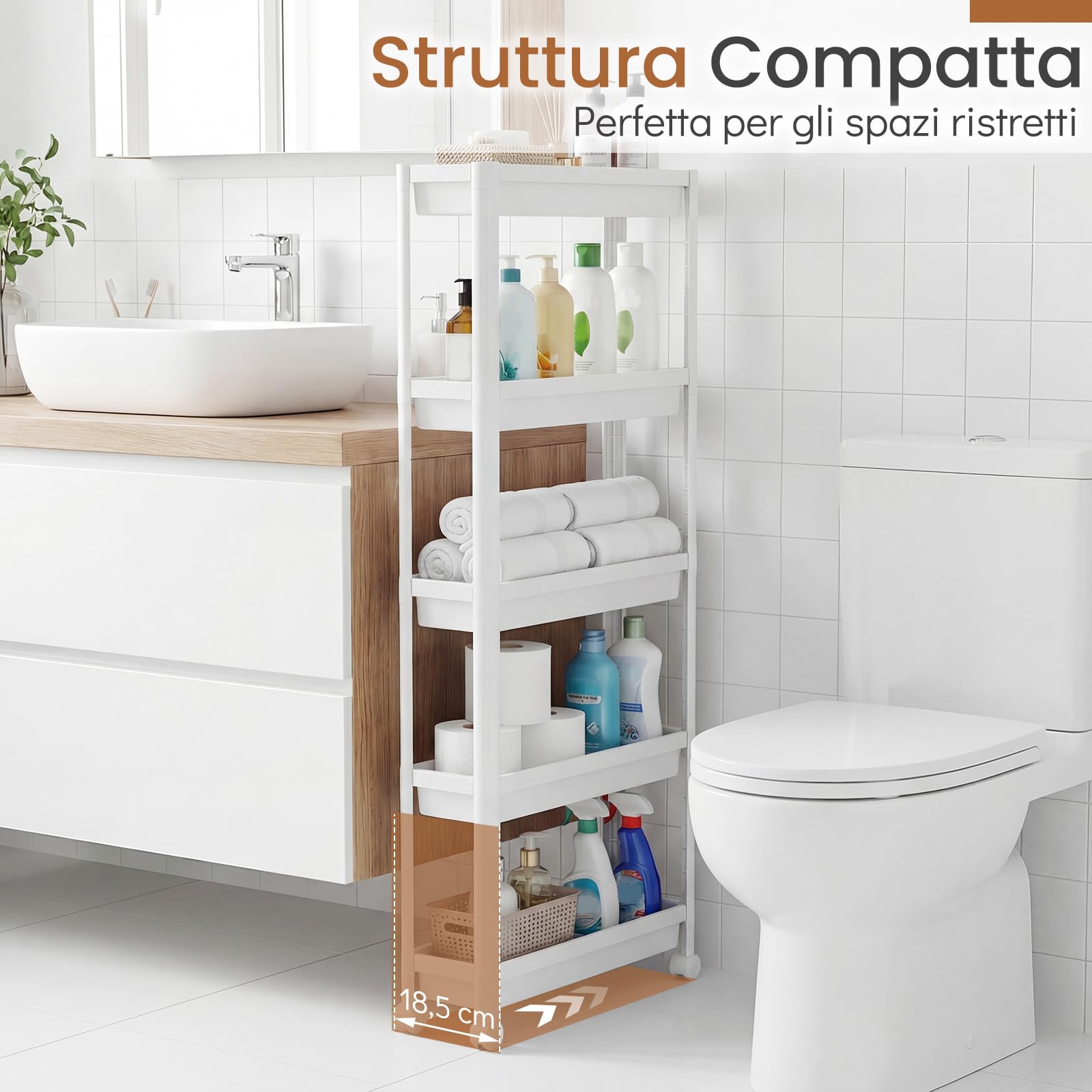 COSTWAY Carrello di Stoccaggio con Vassoi, Organizzatore da Bagno a Ripiani Aperti con Maniglie e Ruote, Carrello Sottile Salvaspazio per Cucina Lavanderia e Ufficio (5 ripiani,Bianco)
