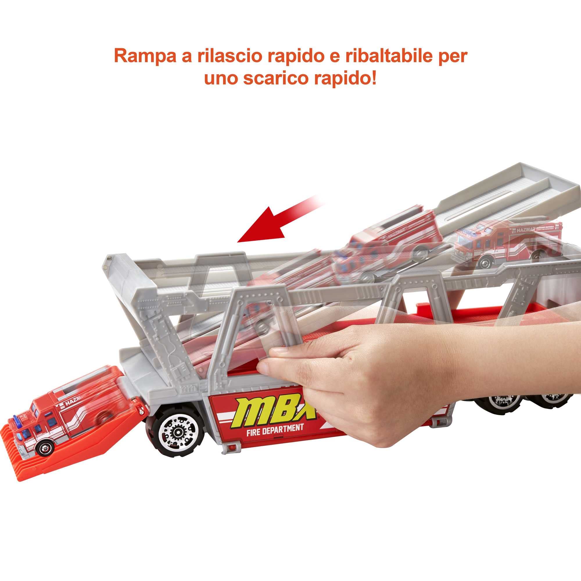 Matchbox - Camion dei Pompieri, Playset con 1 Veicolo a Tema Antincendio con una Rampa Ribaltabile e Accessori, Giocattolo per Bambini 3+ Anni, HHJ12