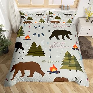 Happy Camping Duvet Cover Set Queen Size Hunt Bear Pine Trees Bedding Set for Kids Boys Men Adults Cabin Room Decor Campfire Arrow Cartoon Comforter Cover Wild Outdoor Adventure Quilt Cover 3pcs