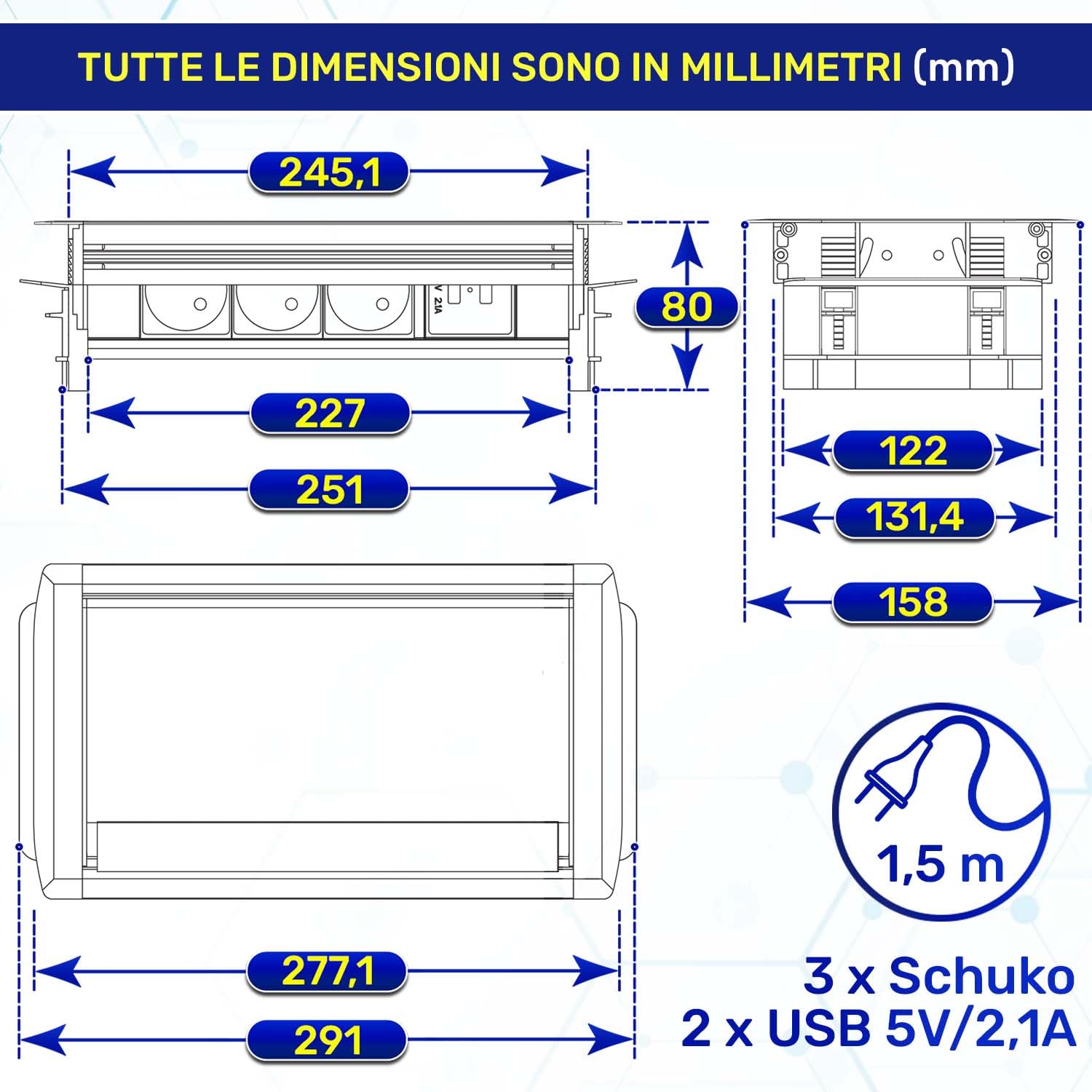 Presa a Scomparsa Top Cucina 291x158 mm con Cavo di Alimentazione da 1,5 m - Presa da Incasso per Mobili 3 x Schuko e 2 x USB 5V/2,1A - Garanzia 10 Anni - MONTERAL