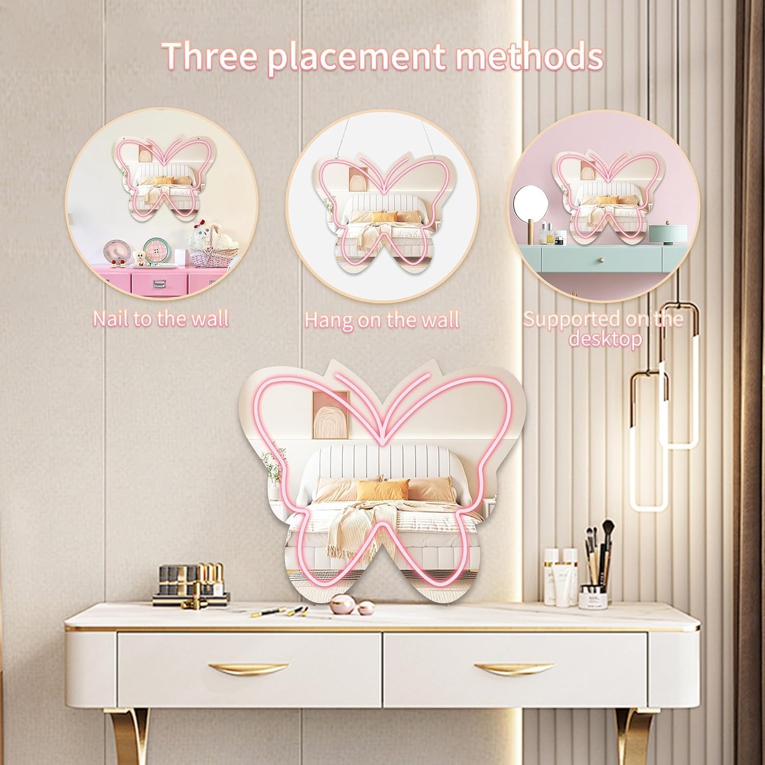 Anime Butterfly Mirror with Light Neon Signs for Locker Room Living Room Girl's Bedroom, Cute Acrylic Mirror with Dimmable for Girl Gifts, Wall Mirror