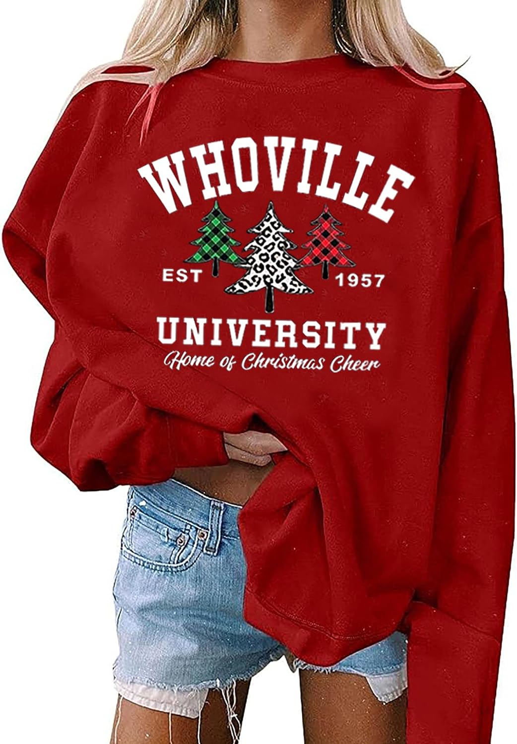 LYEIAO Christmas Whoville University Sweatshirt Women Christmas Buffalo Plaid Tree Graphic Xmas Party Shirts Pullover
