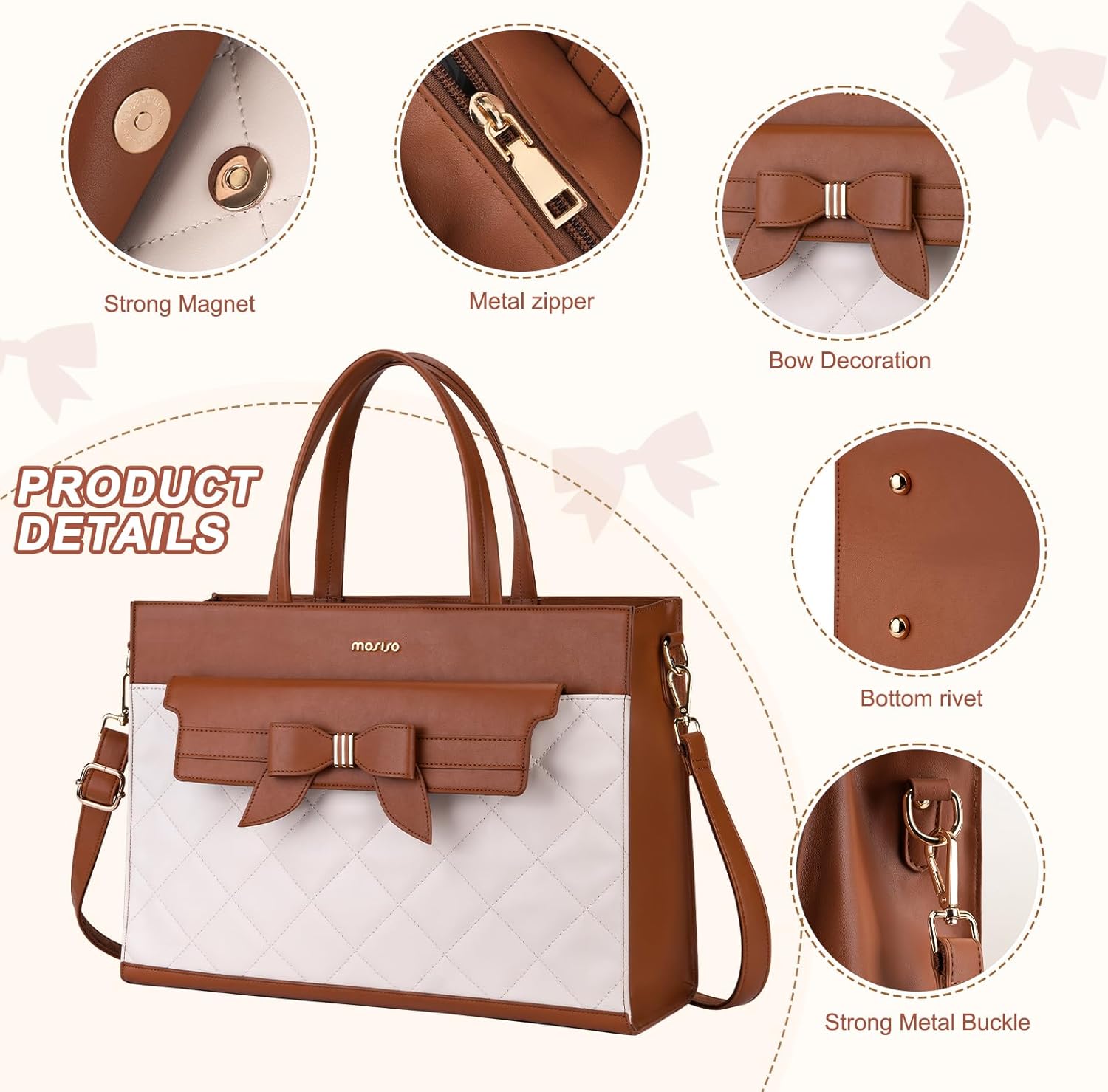MOSISO Laptop Tote Bag, 15.6 inch PU Leather Flapover Pocket Tote Bag & Clutch Purse, Work Bag with Bowknot for Women, Waterproof Computer Briefcase for Business Office, Brown