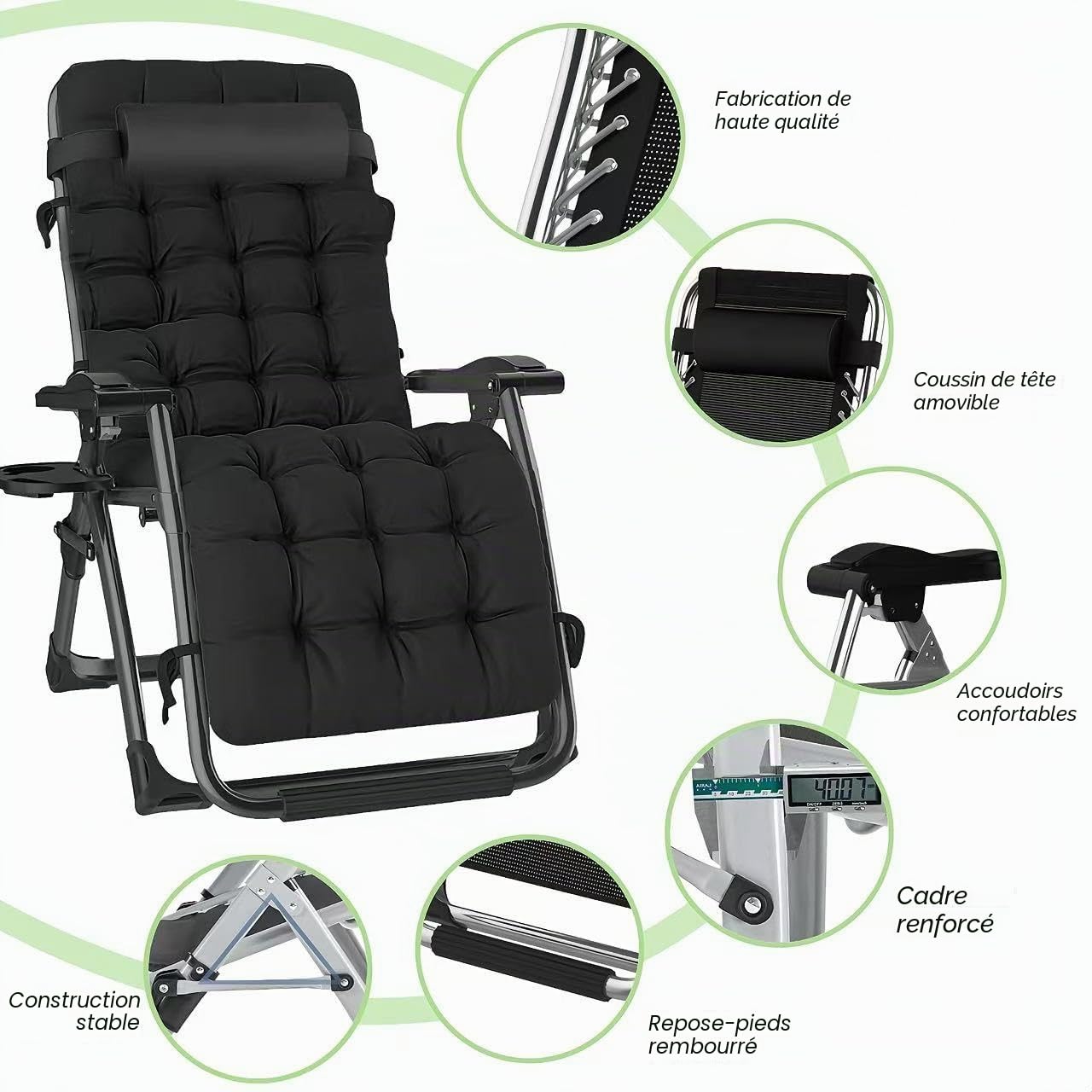 Chaise Longue Pliante Gravité Zéro avec Coussin Amovible & Appui-Tête Réglable, Cadre Acier Anti-Humidité, 65cm, Charge 200kg, Sac & Plateau Latéral Inclus, pour Jardin et Balcon, Noir*2