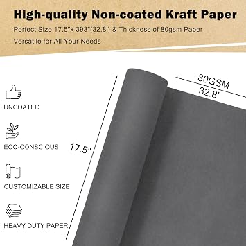 RUSPEPA Dark Gray Kraft Wrapping Paper Roll, 17.5x 393(32.8'), Recyclable Gray Gift Wrap Paper for Birthday Gift Wrapping, Table Covering, Art & Craft Supplies, Bouquet Flower, 80GSM