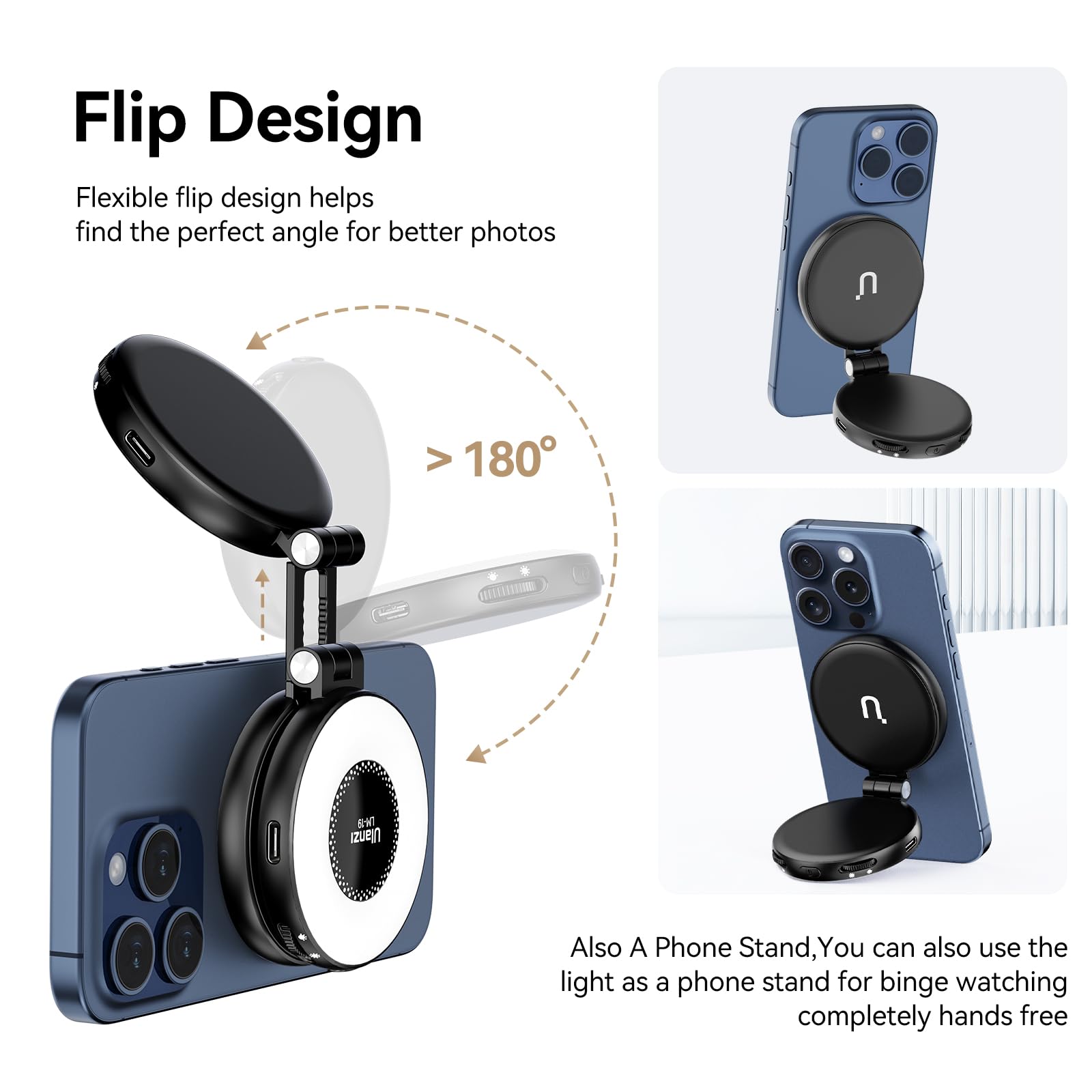 ULANZI LM19 Magnetisches Handy Ringlicht, Selfie Licht mit 3 Farbtemperaturen 2500k-8500k, Videoleuchte Wiederaufladbar für Live-Übertragung/Vlog, Kompatibel mit iPhone 17 16 15 14 13 12 Magsafe