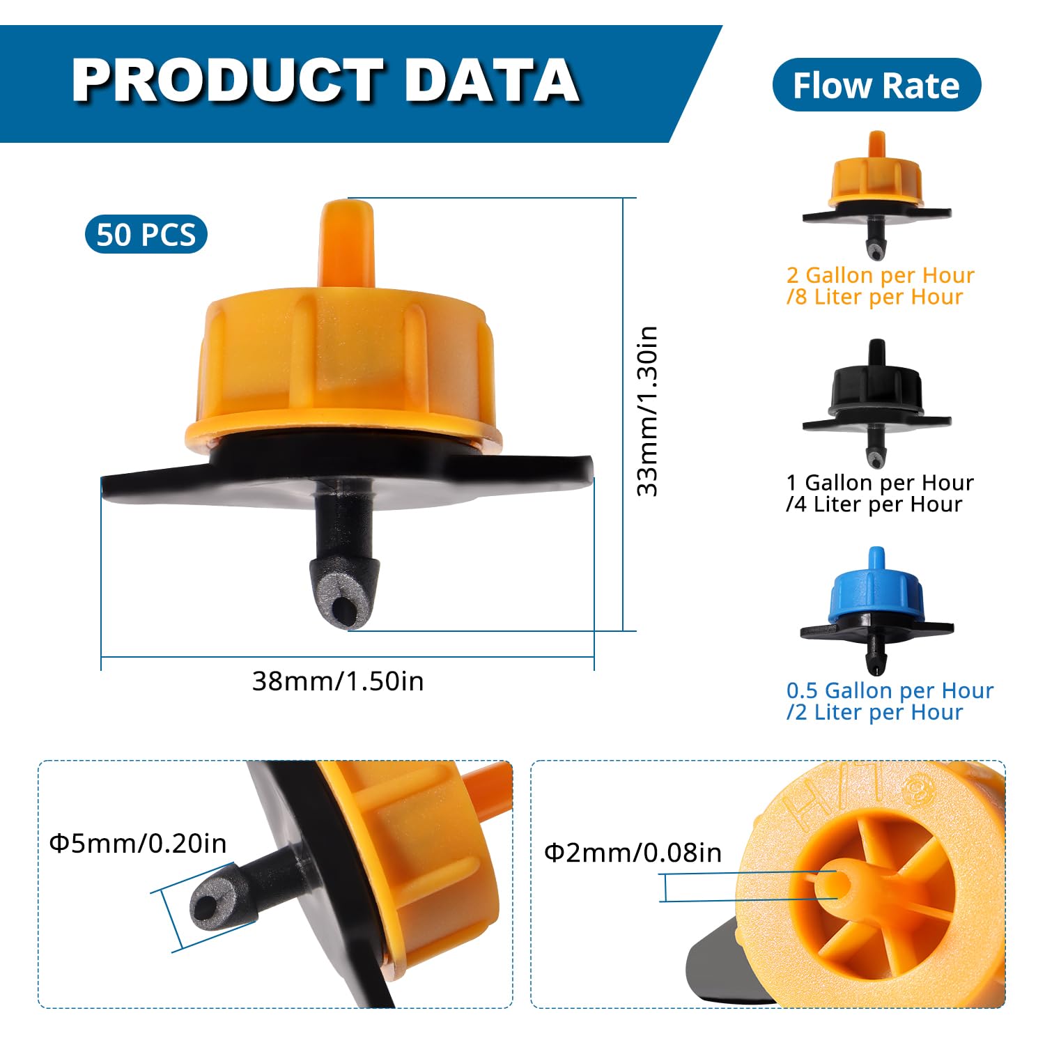 VooGenzek 50 PCS 2 GPH Pressure Compensating Dripper, 1/4 Inch Plastic Irrigation Drip Emitters - Image 2