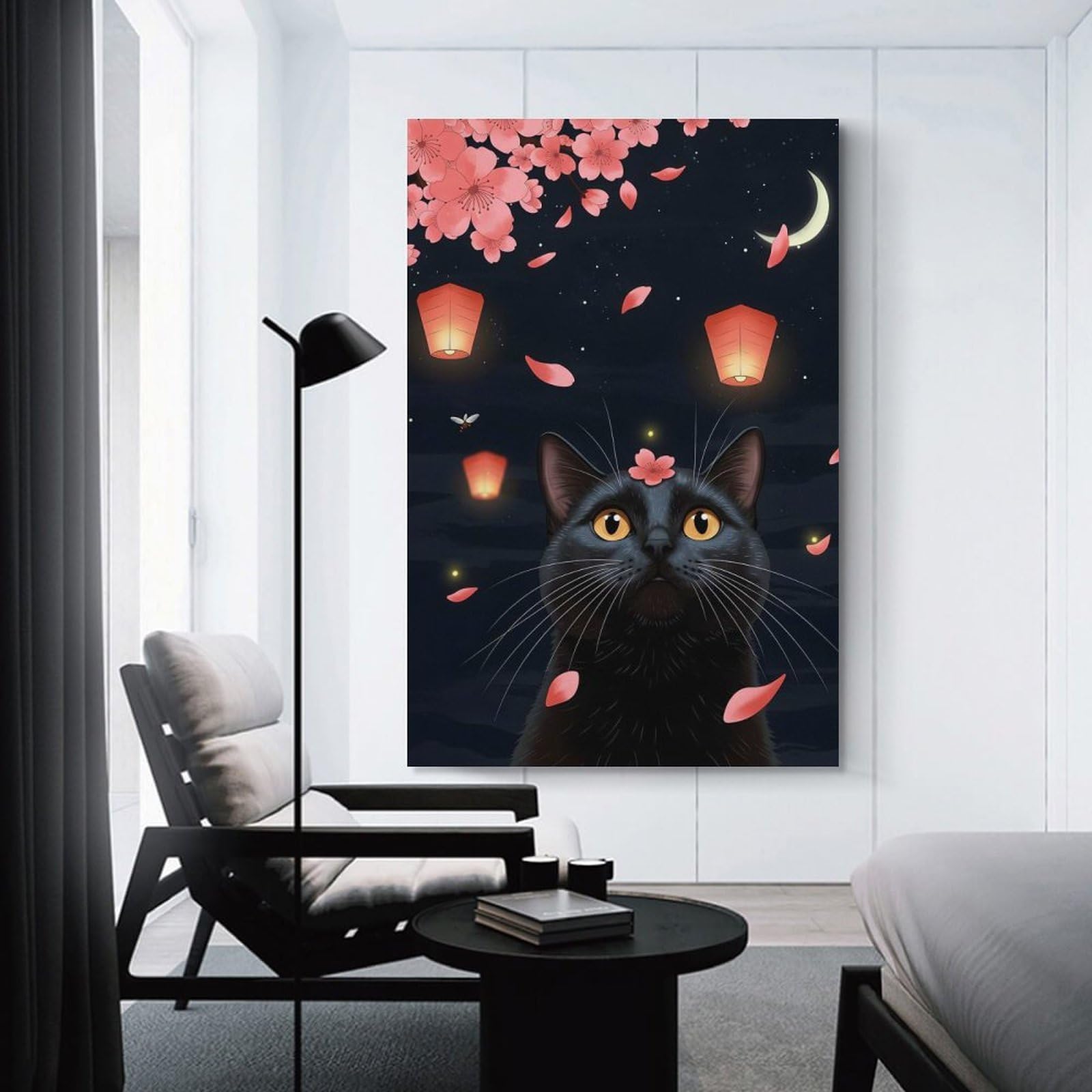 Junmoney Unframe-Style-7 Decorative Wall Artwork Black Cat With Cherry Blossoms, 24X36inch(60X90cm), For New Homes, Bedrooms Or Workspaces, Canvas Artwork With Gifting Potential